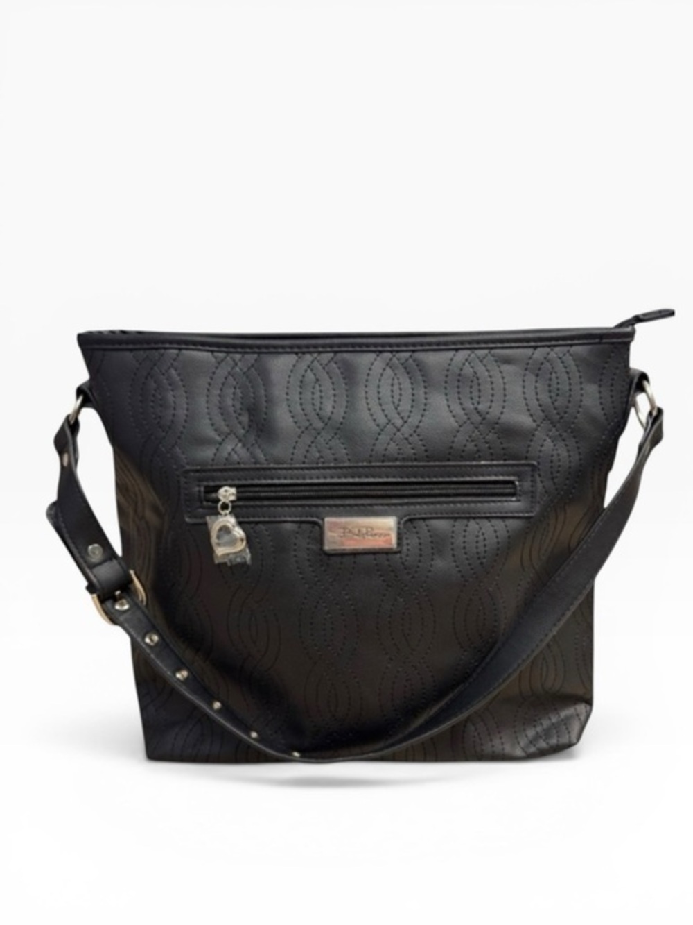 NWT Bella Russo Black Quilted Faux Leather Shoulder Bag Heart Charm Accent